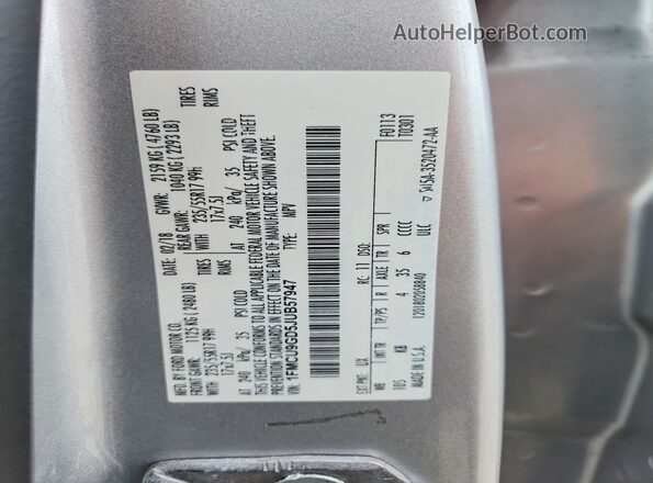 1FMCU9GD5JUB57947 2018 FORD ESCAPE Silver Vista de la etiqueta del VIN