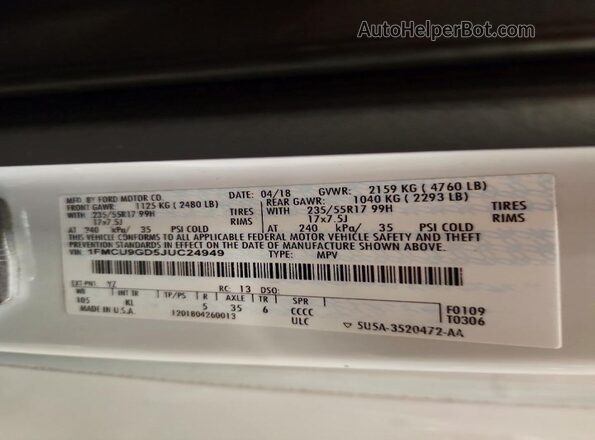 1FMCU9GD5JUC24949 2018 FORD ESCAPE White სალონის 360-გრადუსიანი ხედი