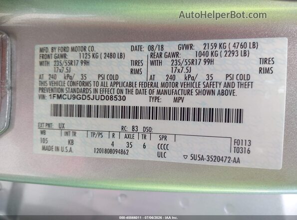1FMCU9GD5JUD08530 2018 FORD ESCAPE Серебряный Вид подкапотного пространства