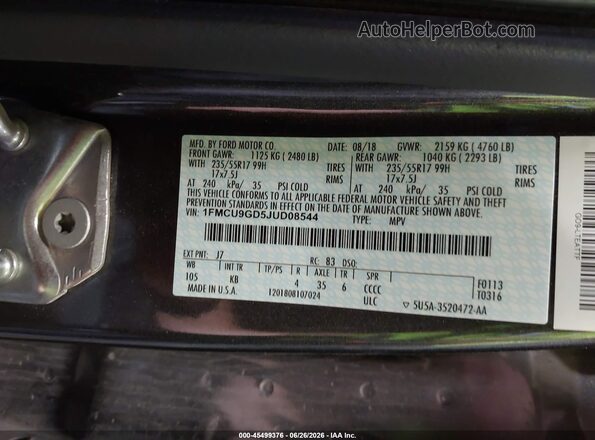 1FMCU9GD5JUD08544 2018 FORD ESCAPE Серый Вид подкапотного пространства