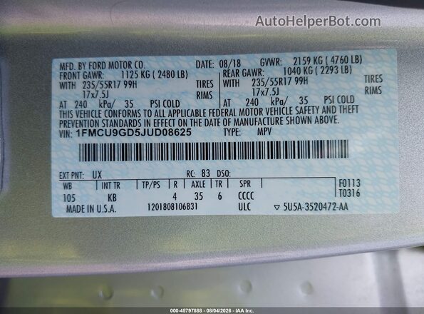 1FMCU9GD5JUD08625 2018 FORD ESCAPE Silver Vista del compartimento del motor