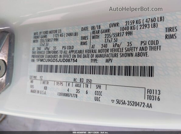 1FMCU9GD5JUD08754 2018 FORD ESCAPE White Vista del compartimento del motor