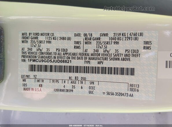 1FMCU9GD5JUD08821 2018 FORD ESCAPE White Vista del compartimento del motor
