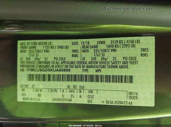 1FMCU9GD5KUA80868 2019 FORD ESCAPE Gray ძრავის განყოფილების ხედი