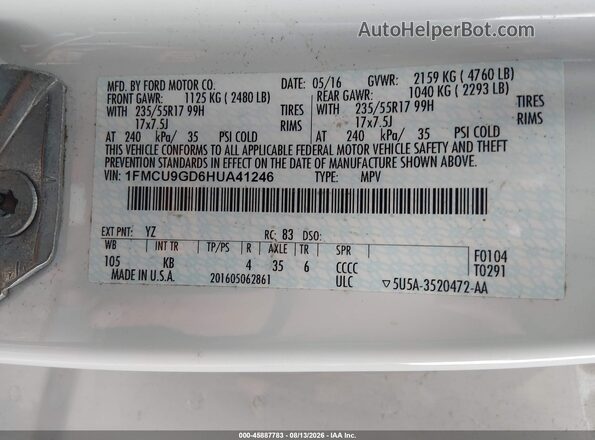 1FMCU9GD6HUA41246 2017 FORD ESCAPE Белый Вид подкапотного пространства