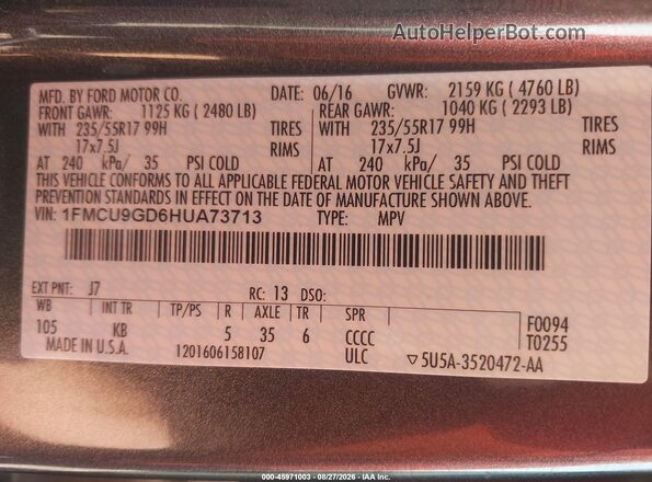 1FMCU9GD6HUA73713 2017 FORD ESCAPE Серый Вид подкапотного пространства