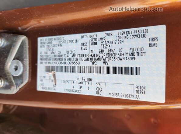 1FMCU9GD6HUD78550 2017 FORD ESCAPE Orange Widok naklejki z numerem VIN