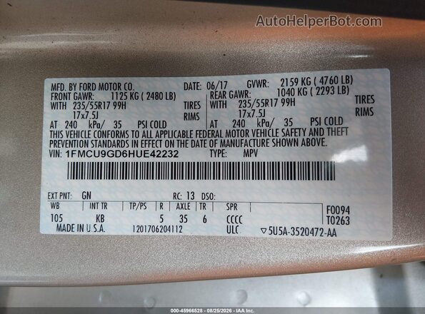 1FMCU9GD6HUE42232 2017 FORD ESCAPE Gold Շարժիչի բաժամունքի տեսք