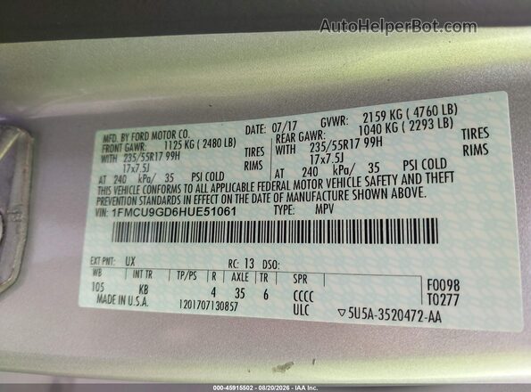 1FMCU9GD6HUE51061 2017 FORD ESCAPE Silver Widok komory silnika