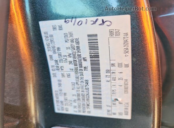 1FMCU9GD6JUB75468 2018 FORD ESCAPE Charcoal Vista de la etiqueta del VIN