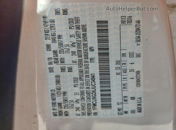1FMCU9GD6JUC34941 2018 FORD ESCAPE White Սալոնի 360 աստիճան տեսք