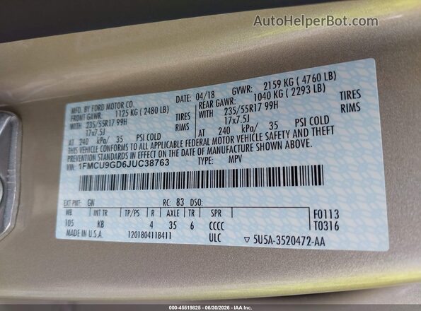 1FMCU9GD6JUC38763 2018 FORD ESCAPE Золотой Вид подкапотного пространства