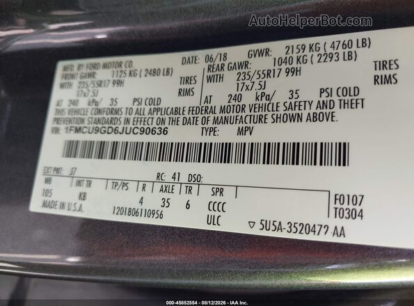 1FMCU9GD6JUC90636 2018 FORD ESCAPE Gray Vista del compartimento del motor
