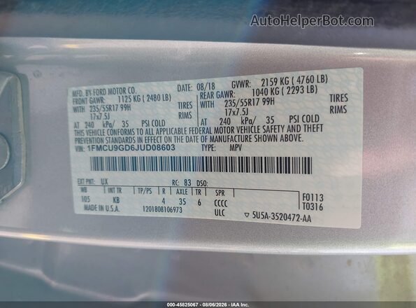 1FMCU9GD6JUD08603 2018 FORD ESCAPE Silver Вид підкапотного простору