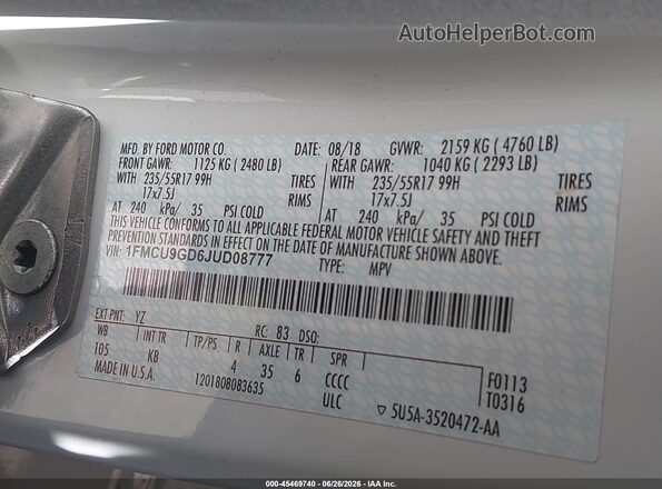 1FMCU9GD6JUD08777 2018 FORD ESCAPE White Вид підкапотного простору