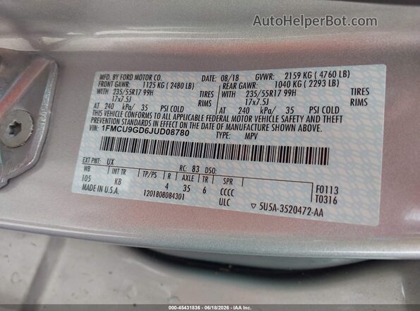1FMCU9GD6JUD08780 2018 FORD ESCAPE Silver ძრავის განყოფილების ხედი