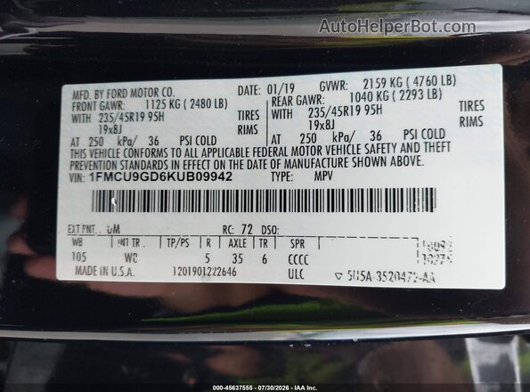 1FMCU9GD6KUB09942 2019 FORD ESCAPE Черный Вид подкапотного пространства