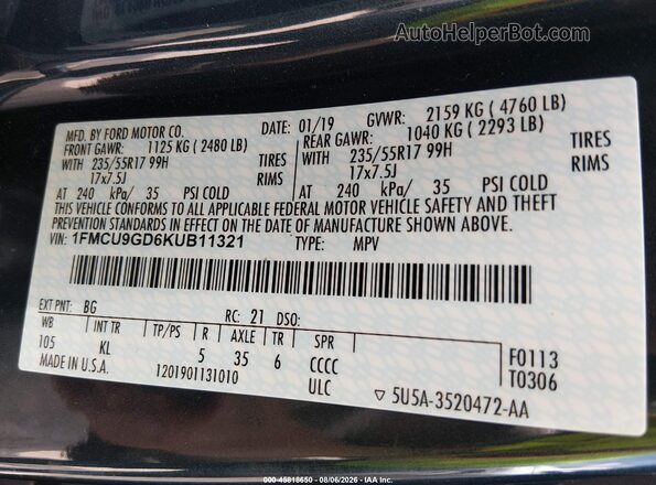 1FMCU9GD6KUB11321 2019 FORD ESCAPE Teal Vista del compartimento del motor