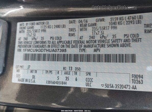 1FMCU9GD7HUA07395 2017 FORD ESCAPE Gray Вид підкапотного простору