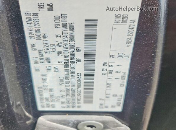 1FMCU9GD7HUC04552 2017 FORD ESCAPE Gray VIN კოდის სტიკერის ხედი