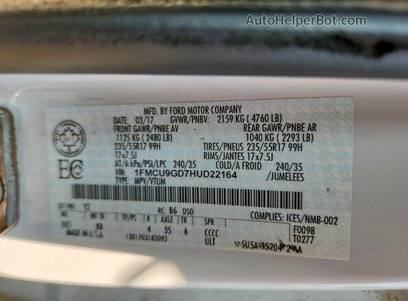 1FMCU9GD7HUD22164 2017 FORD ESCAPE White Widok naklejki z numerem VIN