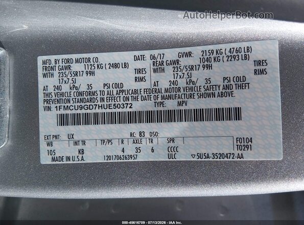 1FMCU9GD7HUE50372 2017 FORD ESCAPE Silver Widok komory silnika