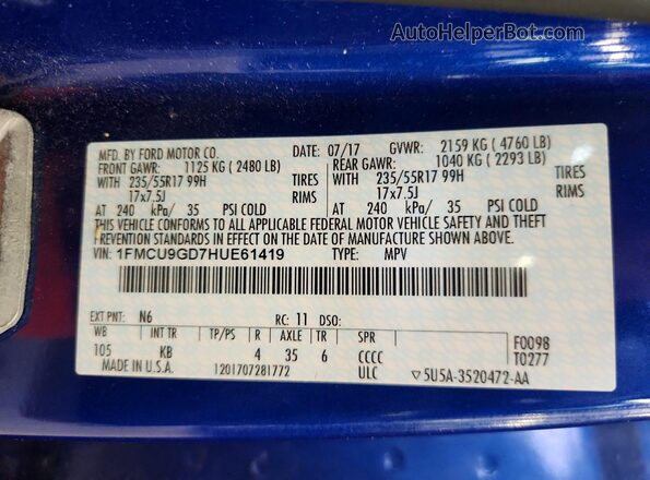 1FMCU9GD7HUE61419 2017 FORD ESCAPE Blue VIN კოდის სტიკერის ხედი