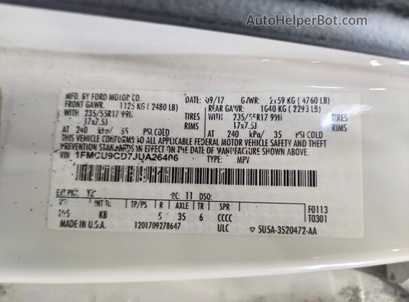 1FMCU9GD7JUA26406 2018 FORD ESCAPE White Widok naklejki z numerem VIN