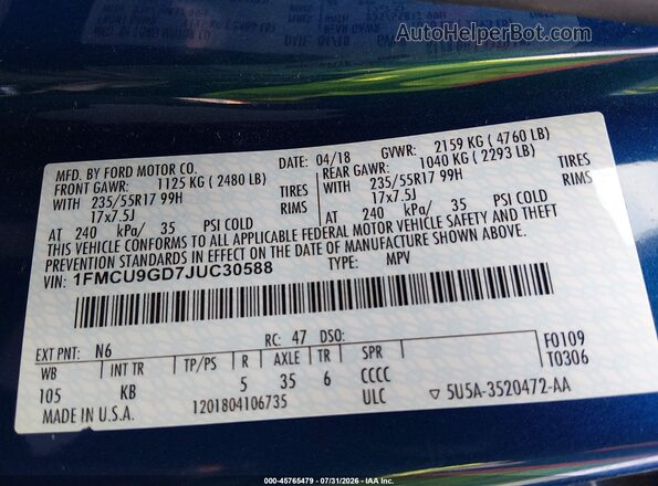 1FMCU9GD7JUC30588 2018 FORD ESCAPE Blue ძრავის განყოფილების ხედი