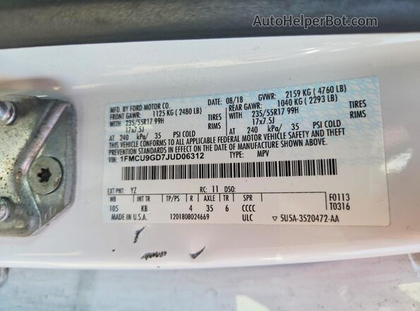 1FMCU9GD7JUD06312 2018 FORD ESCAPE White Widok naklejki z numerem VIN