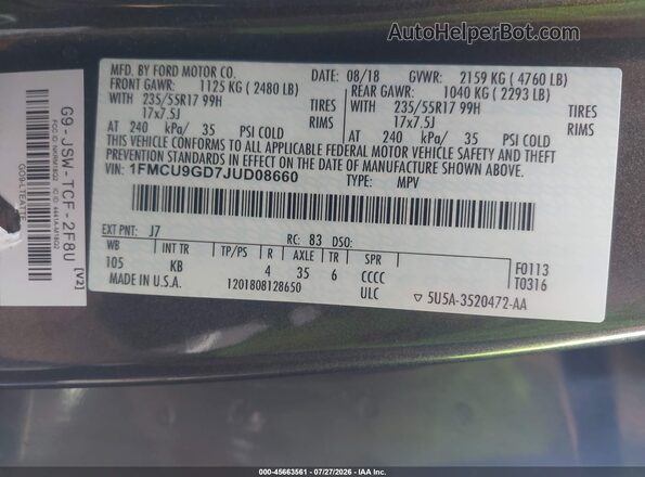 1FMCU9GD7JUD08660 2018 FORD ESCAPE Gray ძრავის განყოფილების ხედი
