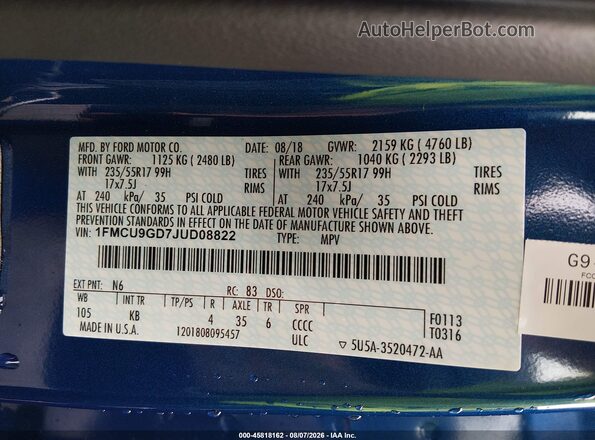 1FMCU9GD7JUD08822 2018 FORD ESCAPE Синий Вид подкапотного пространства