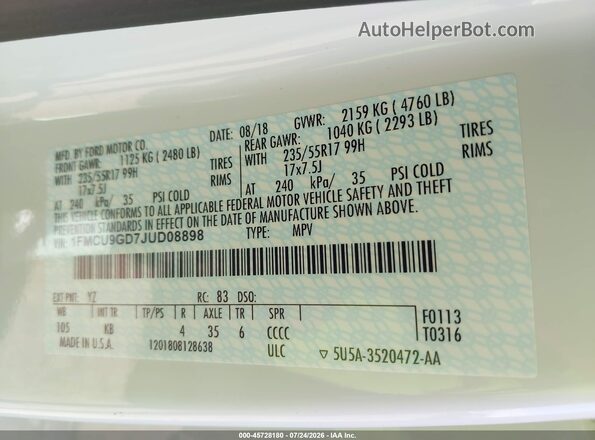 1FMCU9GD7JUD08898 2018 FORD ESCAPE Белый Вид подкапотного пространства