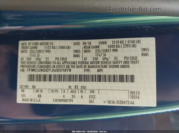 1FMCU9GD7JUD31078 2018 FORD ESCAPE Blue Widok komory silnika