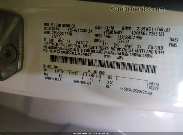 1FMCU9GD7KUA24947 2019 FORD ESCAPE White Widok komory silnika
