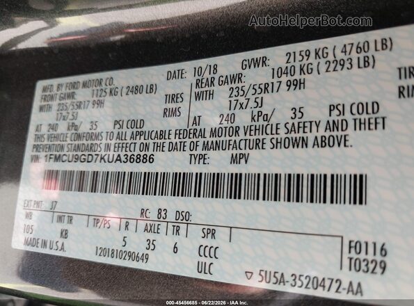 1FMCU9GD7KUA36886 2019 FORD ESCAPE Gray Engine compartment view