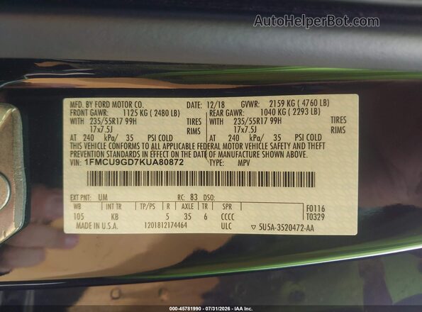 1FMCU9GD7KUA80872 2019 FORD ESCAPE Black Вид підкапотного простору