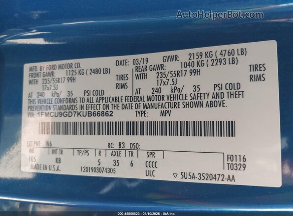 1FMCU9GD7KUB66862 2019 FORD ESCAPE Синий Вид подкапотного пространства
