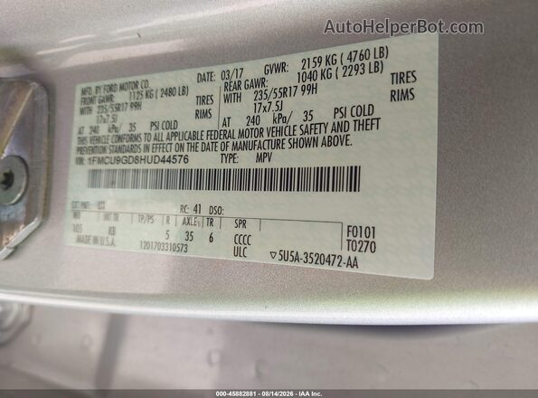 1FMCU9GD8HUD44576 2017 FORD ESCAPE Silver Շարժիչի բաժամունքի տեսք