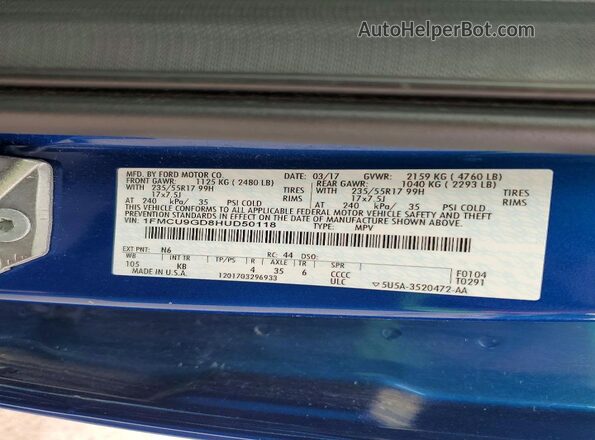 1FMCU9GD8HUD50118 2017 FORD ESCAPE Синий Вид наклейки с VIN-кодом