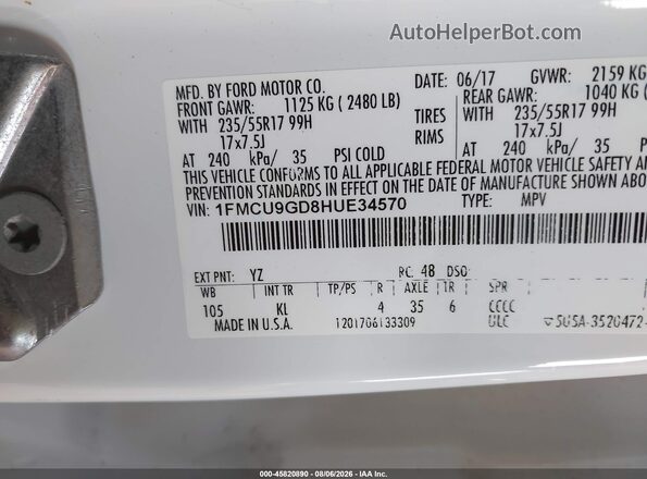 1FMCU9GD8HUE34570 2017 FORD ESCAPE White Widok komory silnika