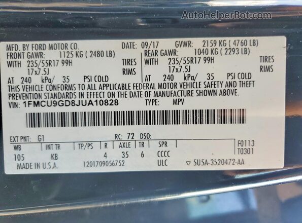 1FMCU9GD8JUA10828 2018 FORD ESCAPE Black VIN კოდის სტიკერის ხედი