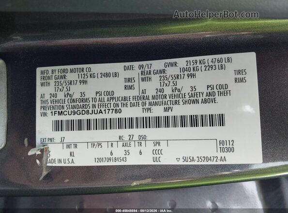 1FMCU9GD8JUA17780 2018 FORD ESCAPE Gray Շարժիչի բաժամունքի տեսք