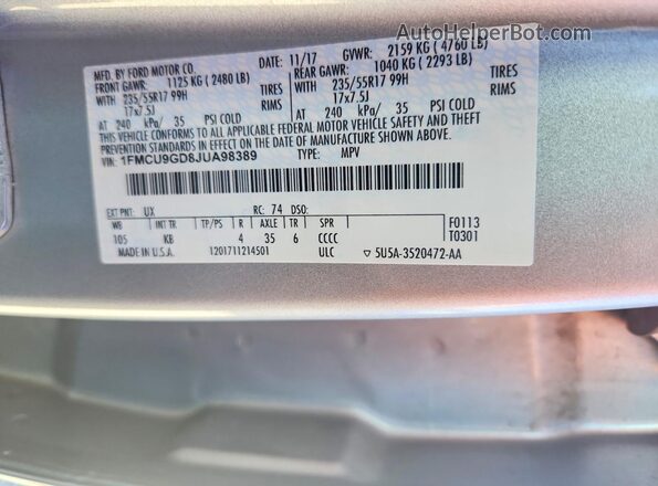 1FMCU9GD8JUA98389 2018 FORD ESCAPE Silver VIN კოდის სტიკერის ხედი