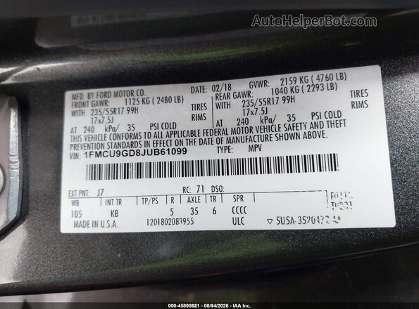 1FMCU9GD8JUB61099 2018 FORD ESCAPE Gray Widok komory silnika