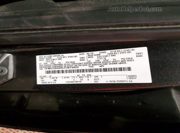 1FMCU9GD8JUB75925 2018 FORD ESCAPE Gray Панорамний вид салону 360°