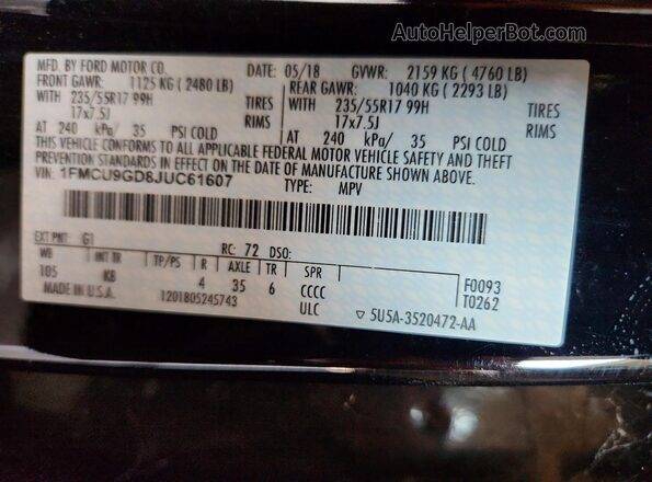 1FMCU9GD8JUC61607 2018 FORD ESCAPE Black VIN კოდის სტიკერის ხედი