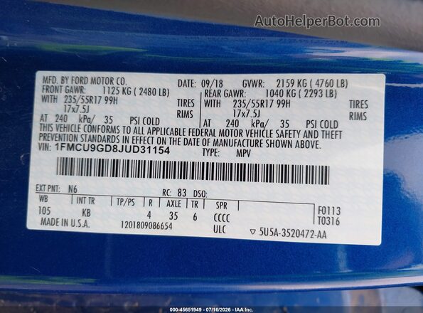 1FMCU9GD8JUD31154 2018 FORD ESCAPE Blue Vista del compartimento del motor