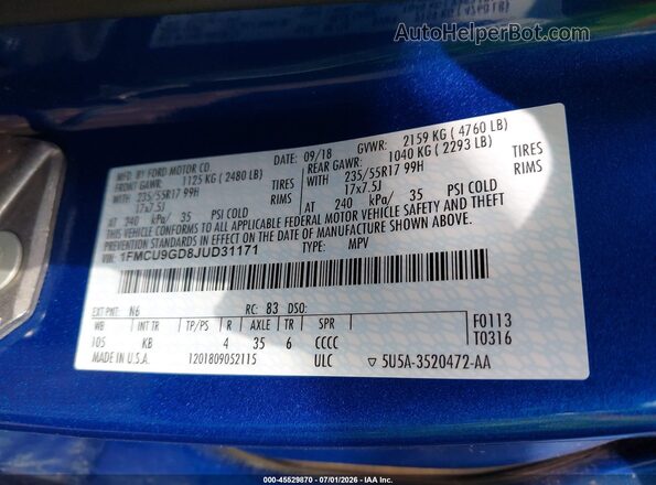 1FMCU9GD8JUD31171 2018 FORD ESCAPE Blue ძრავის განყოფილების ხედი