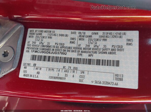 1FMCU9GD8JUD37892 2018 FORD ESCAPE Red ძრავის განყოფილების ხედი